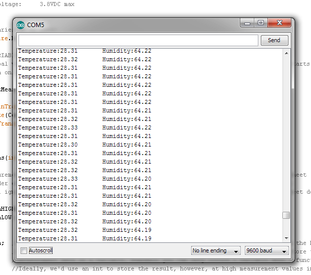Serial terminal with HTU21Dsensor temperature and humidity readings 