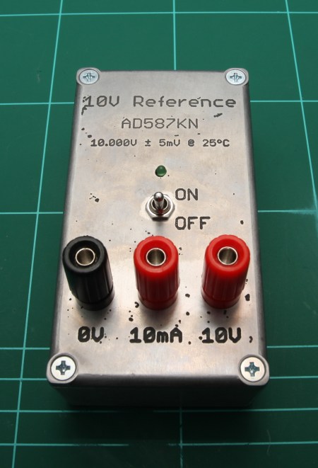Completed AD587 battery powered 10V reference.